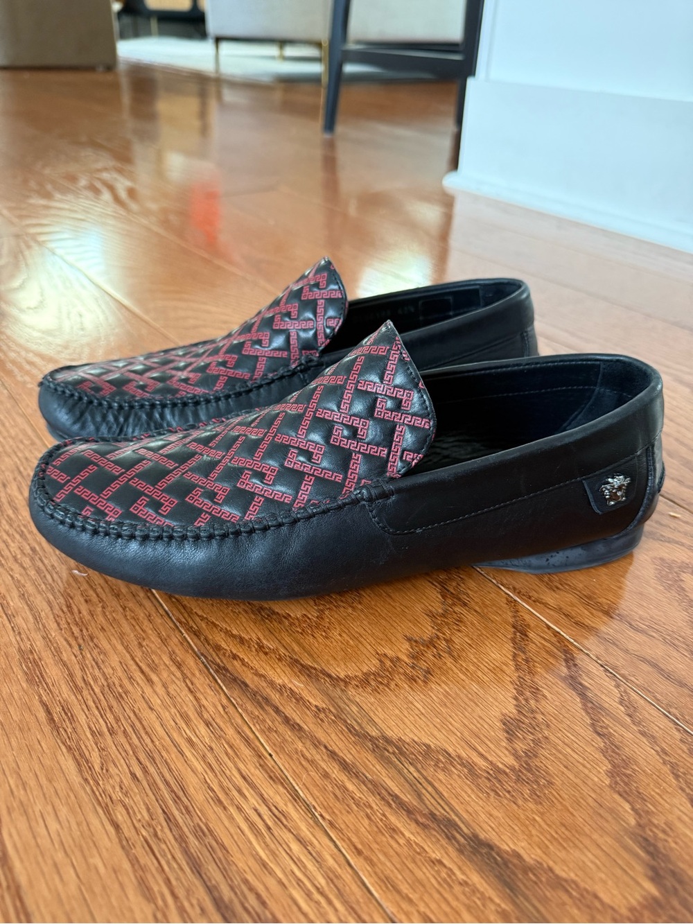 Versace Black Leather Loafers with Red Patterned Vamp